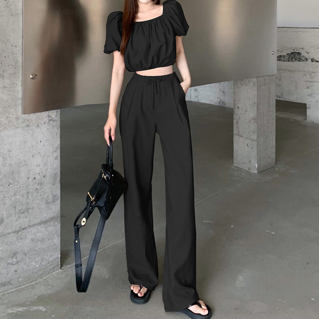 オフショル+ワイドパンツセットアップ