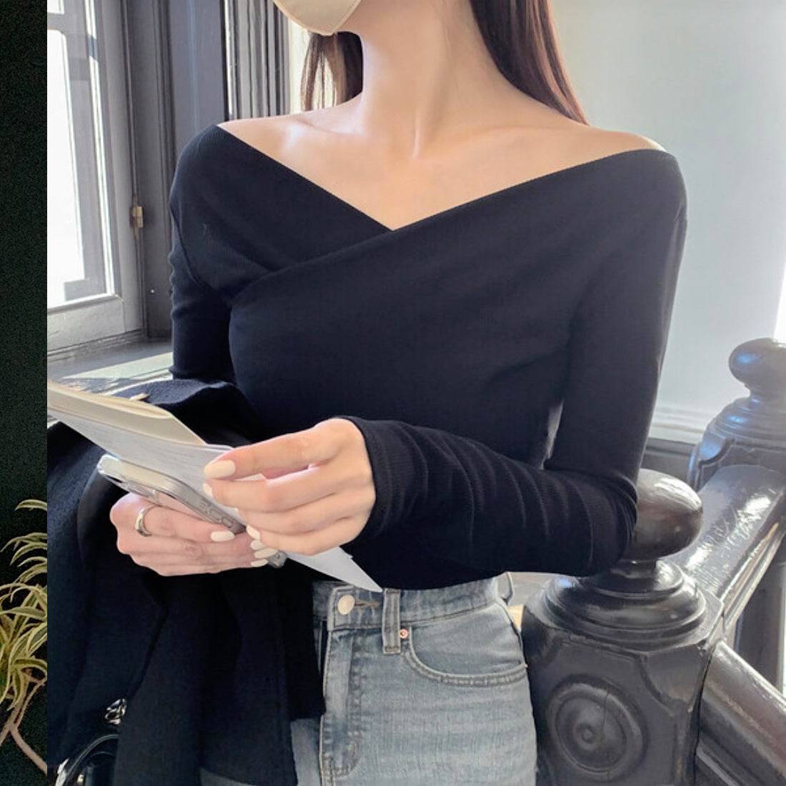 クロスVネック長袖Tシャツ