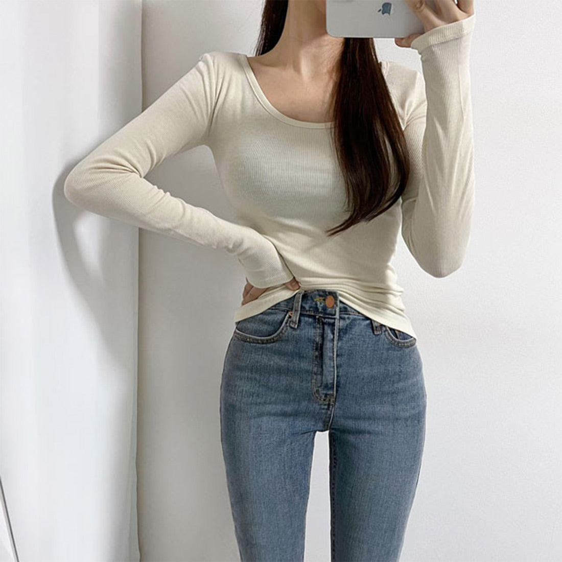 UネックリブTシャツ