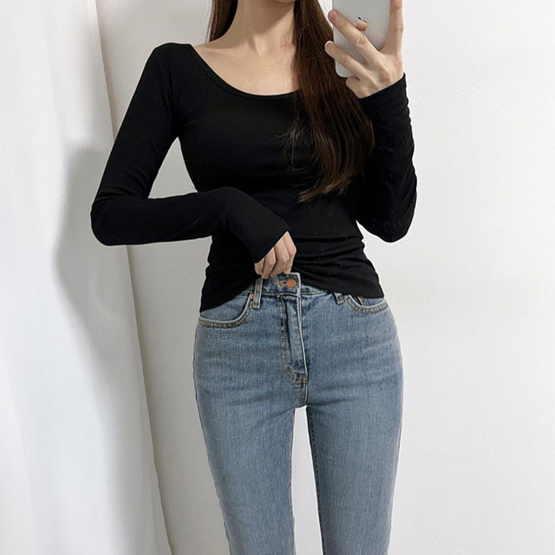 UネックリブTシャツ