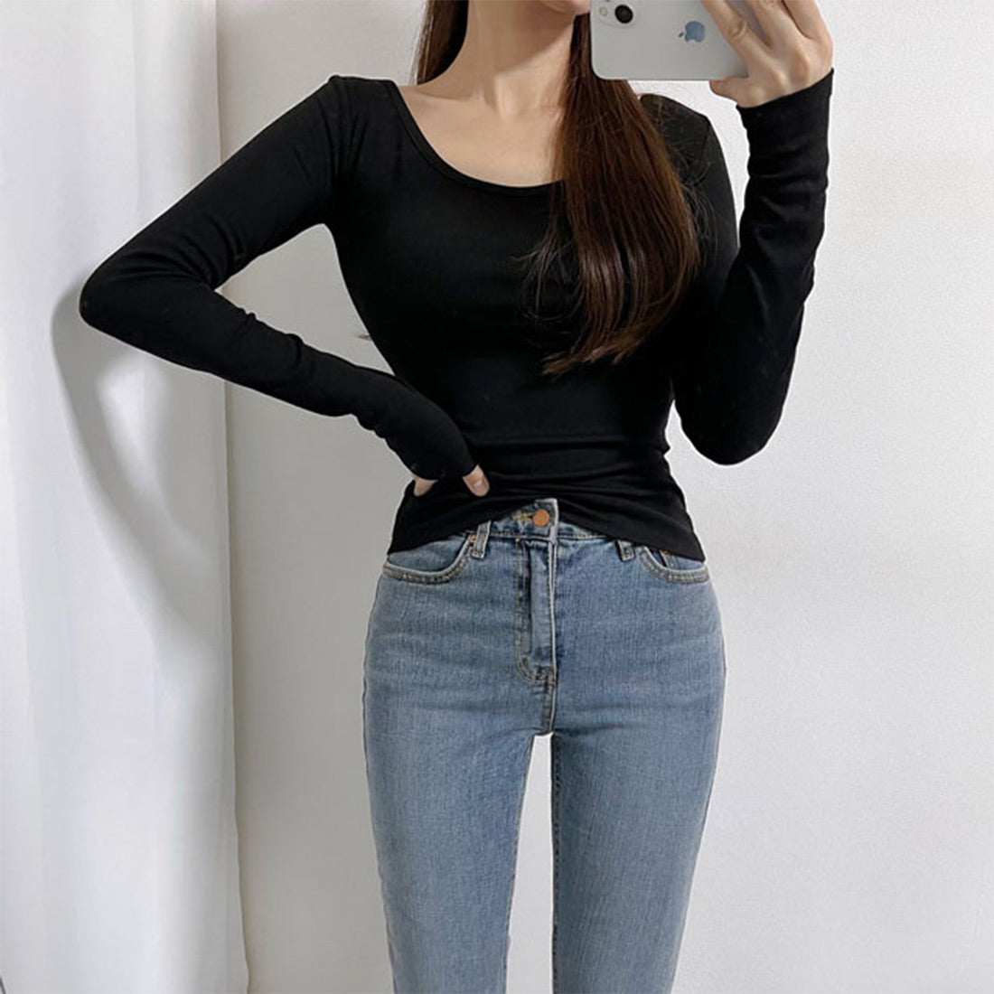 UネックリブTシャツ