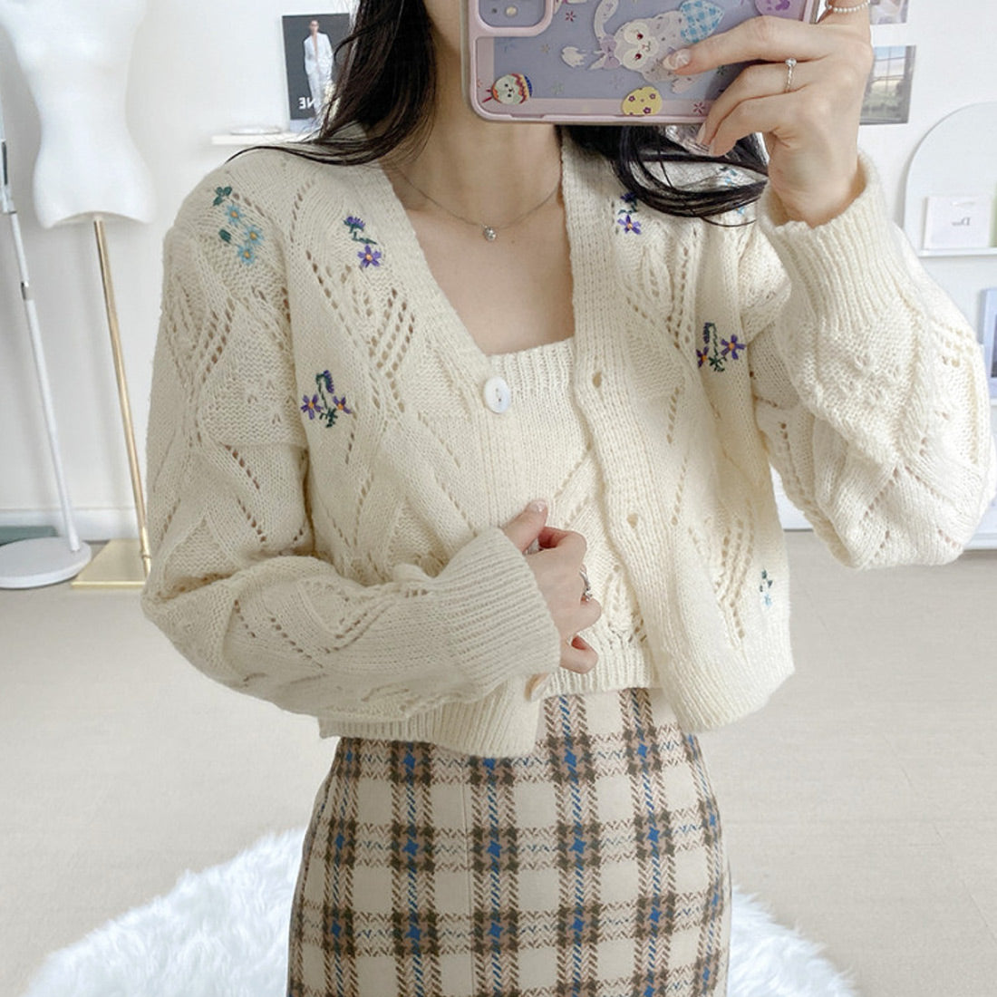 フラワーニットカーデキャミセット