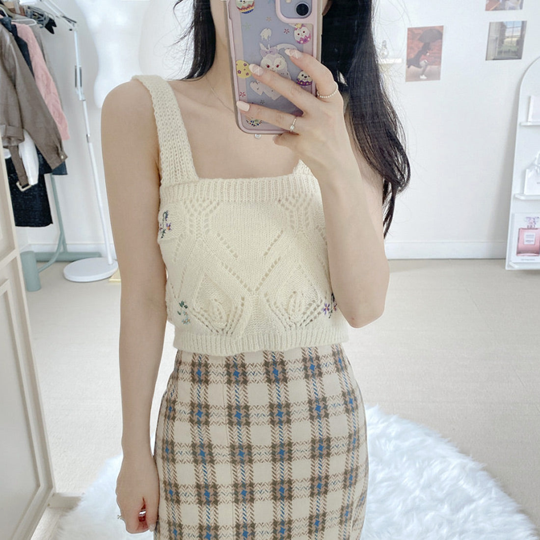 フラワーニットカーデキャミセット