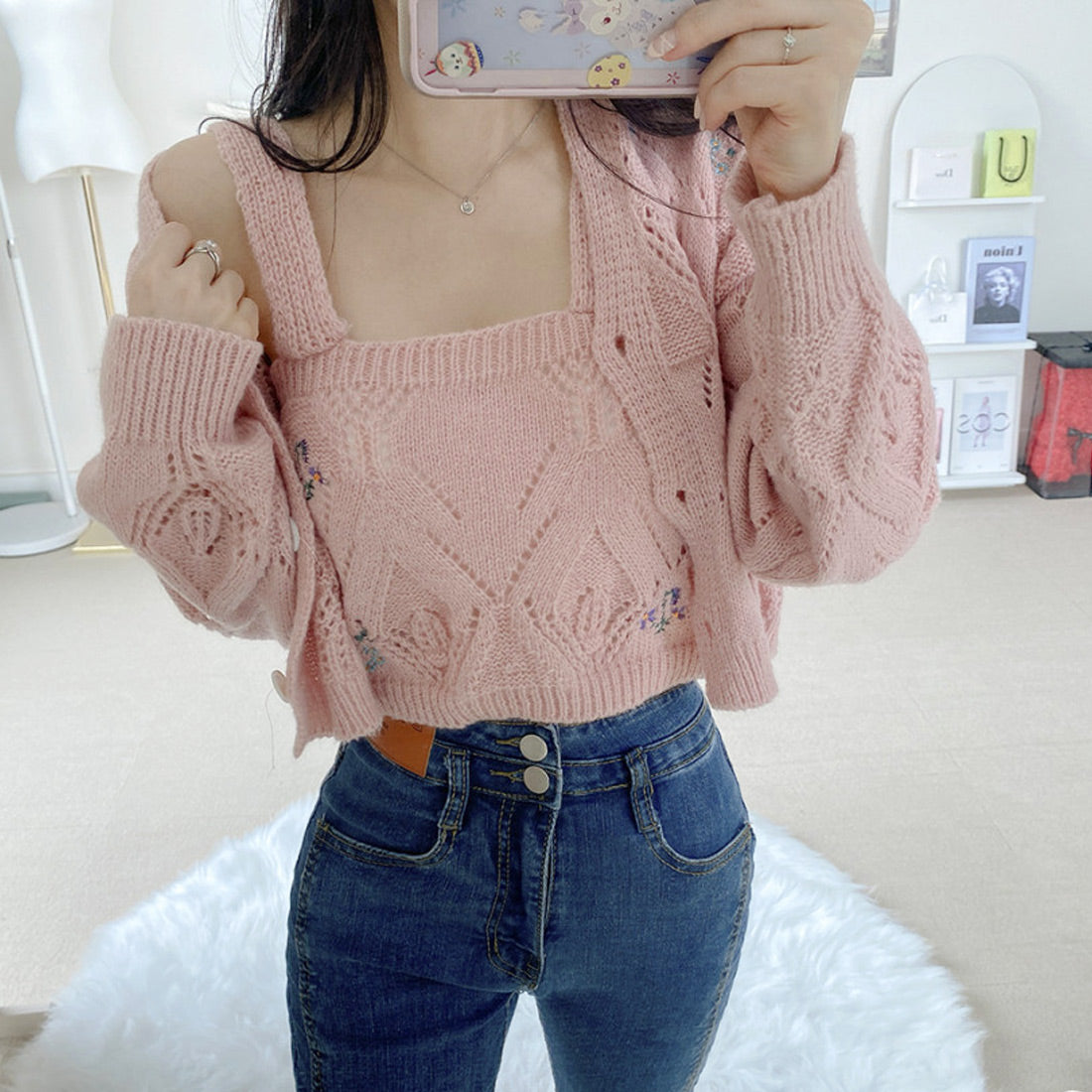 フラワーニットカーデキャミセット