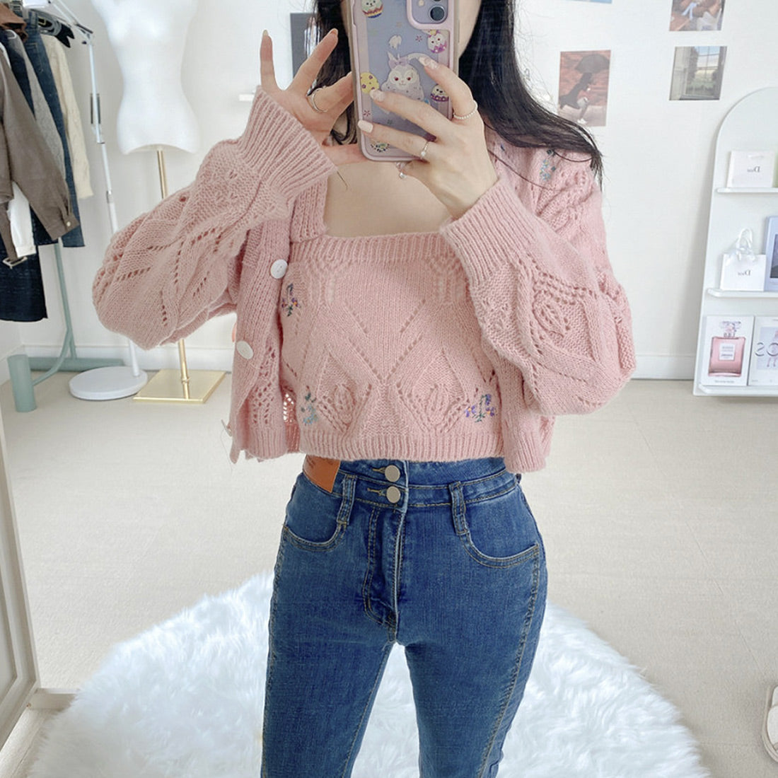 フラワーニットカーデキャミセット