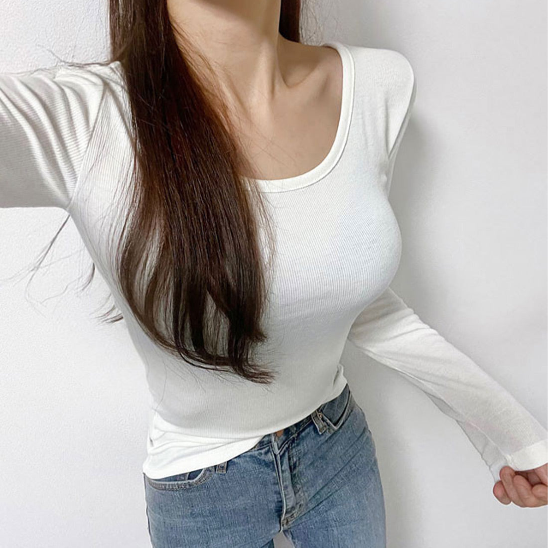 UネックリブTシャツ