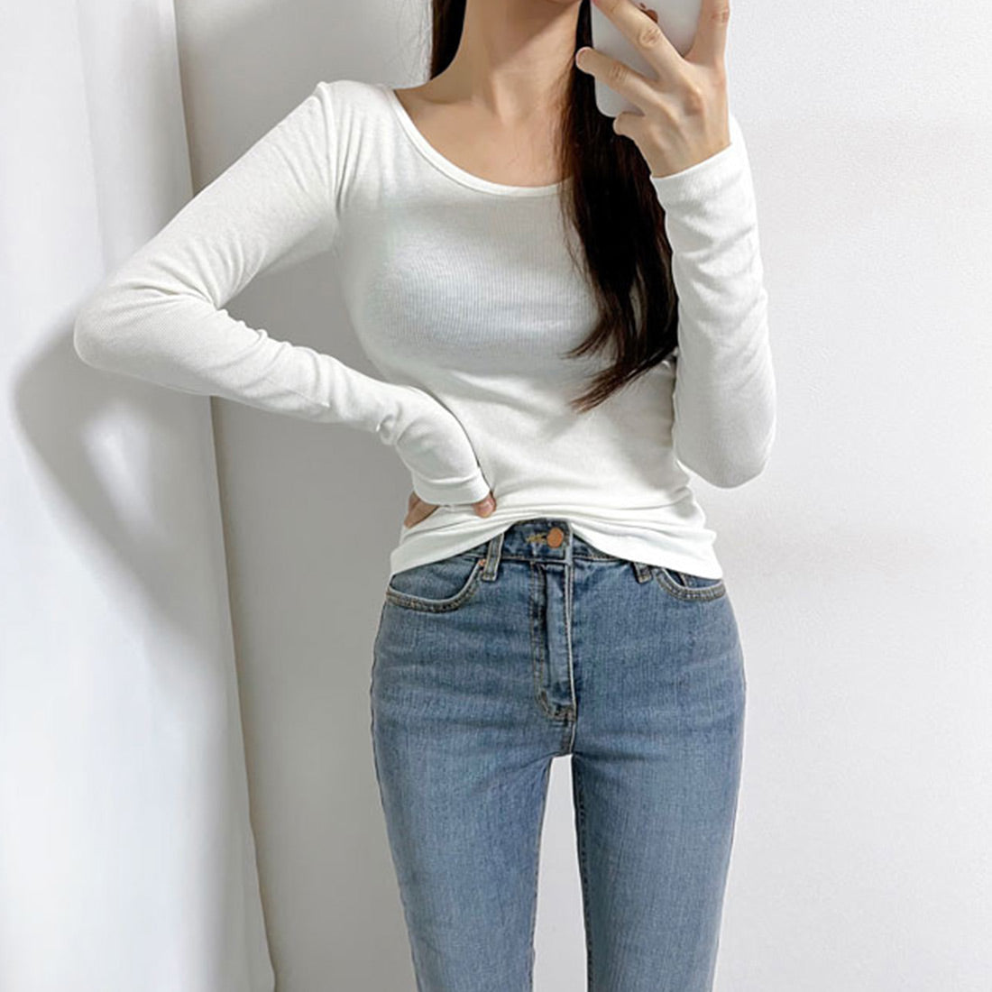 UネックリブTシャツ