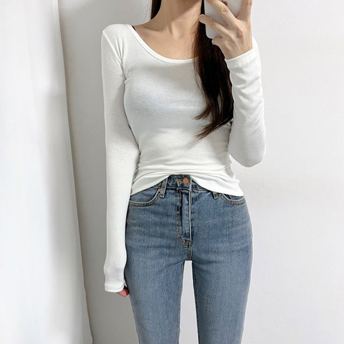 UネックリブTシャツ